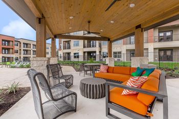 Covered patio with modern outdoor furniture and seating